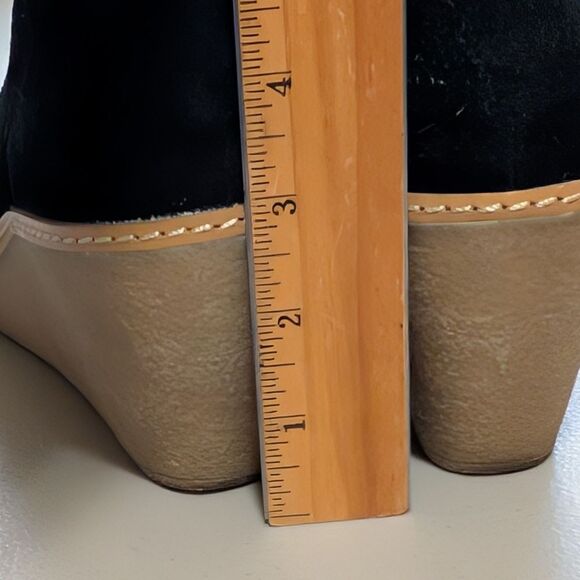 Lucky Brand June black leather suede lace up ankle bootie wedge washed casual - Picture 3 of 10